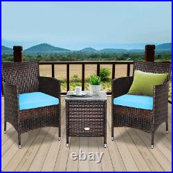 Outdoor 3 PCS Rattan Wicker Furniture Set with 2 Chairs Coffee Table Turquoise