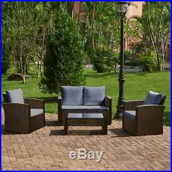 Outdoor 4 pieces Rattan Set Garden Furniture Patio Sofa Table Chairs Cushions