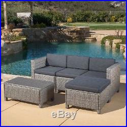 Outdoor 5-piece Grey Wicker Sectional Sofa Set with Black Cushions