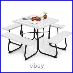 Outdoor 8-person Square Picnic Table Bench Set with 4 Benches & Umbrella Hole