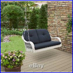 Outdoor Bench Swing Patio Porch Deck Cushioned White Rattan Wicker Navy Blue