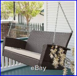 Outdoor Brown Porch Swing Patio Garden Wicker Bench Cushion Loveseat Hanging