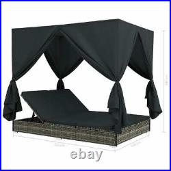 Outdoor Double Sun Bed Lounge Bed with Curtains Poly Rattan Garden Pool Bed Gray
