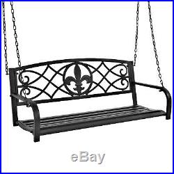 Outdoor Furniture Metal Fleur-De-Lis Hanging Patio Porch Swing- Black