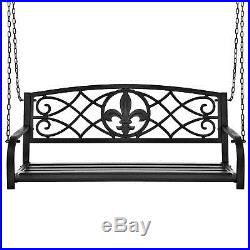 Outdoor Furniture Metal Fleur-De-Lis Hanging Patio Porch Swing- Black