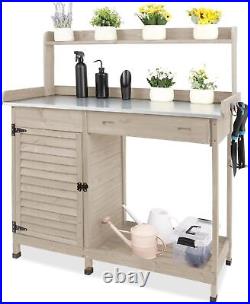 Outdoor Garden Potting Bench Table Wooden Potting Table with Drawer&Open Shelf