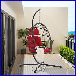 Outdoor Garden Rattan Egg Swing Chair Hanging Chair PE Chair Red Cushion