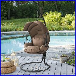 Outdoor Hanging Egg Chair with Stand Cushion Patio Garden Swing Seat, Brown