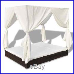 Outdoor Lounge Bed with Curtains Poly Rattan Brown