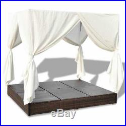 Outdoor Lounge Bed with Curtains Poly Rattan Brown