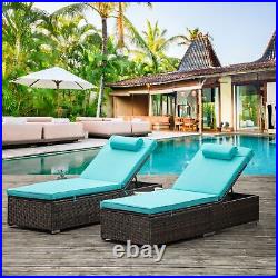 Outdoor PE Wicker Chaise Lounge 2 Piece Patio Brown Rattan Reclining Chair Fur