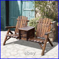 Outdoor Patio 2 person Double Adirondack Wood Bench Chair Loveseat With Ice Bucket