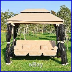 Outdoor Patio 3 Person Gazebo Swing Daybed Bench Hammock Canopy With Mesh Walls