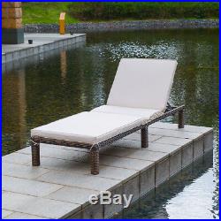 Outdoor Patio Brown Wicker Chaise Pool Lounge Chair Adjustable Back With Cushions