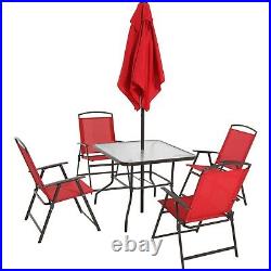 Outdoor Patio Dining Set Furniture Backyard with Table 4 Chairs Umbrella Red