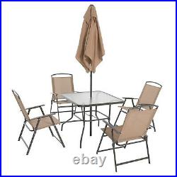 Outdoor Patio Dining Set Furniture Backyard with Table 4 Chairs Umbrella Tan
