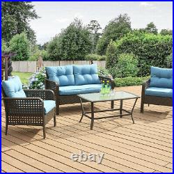 Outdoor Patio Furniture 4 PCS Rattan Sofa Wicker Chair Cushions Table Set Blue