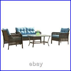 Outdoor Patio Furniture 4 PCS Rattan Sofa Wicker Chair Cushions Table Set Blue