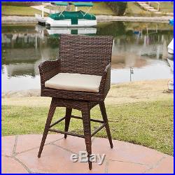 Outdoor Patio Furniture All-Weather Brown PE Wicker Swivel Bar Stool with Cushion