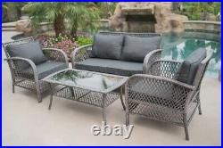 Outdoor Patio Furniture Grey PE Wicker 4pcs Luxury Sofa Seating Cushioned Set