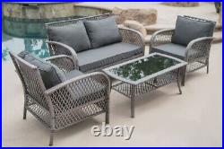 Outdoor Patio Furniture Grey PE Wicker 4pcs Luxury Sofa Seating Cushioned Set