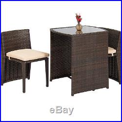 Outdoor Patio Furniture Wicker 3pc Bistro Set Glass Top Table, 2 Chairs- Brown