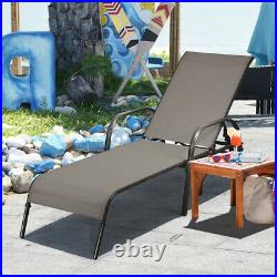 Outdoor Patio Lounge Chair Chaise Fabric Adjustable Reclining Armrest Pool Brown