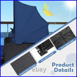 Outdoor Patio Rattan Daybed Lounge Retractable Canopy Side Table With Navy Cushion