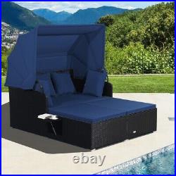 Outdoor Patio Rattan Daybed Lounge Retractable Canopy Side Table With Navy Cushion