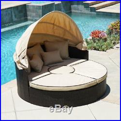 Outdoor Patio Sofa Furniture Round Retractable Canopy Daybed Brown Wicker Rattan