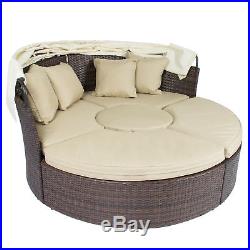 Outdoor Patio Sofa Furniture Round Retractable Canopy Daybed Brown Wicker Rattan