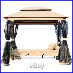 Outdoor Patio Swing Canopy Gazebo 3 Person Daybed Tan with Mesh Walls