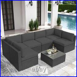 Outdoor Patio Wicker Furniture Set U-shaped Sectional Sofa Set with Side Table 7pc