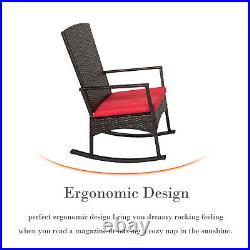 Outdoor Patio Wicker Rocking Chair Set Lounge Chair Furniture With Red Cushion