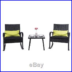 Outdoor Pation 3 PC Rocking Chair Rattan Wicker Sectional Set Bistro Cushioned