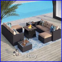Outdoor Rattan Sectional Sofa Set with Gas Fire Pit Table Patio Wicker Furniture