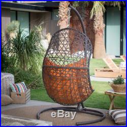 Outdoor Resin Wicker Hanging Egg Chair with Cushion and Steel Stand, Porch Swing