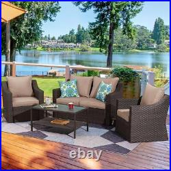 Outdoor Sectional Rattan Sofa Set Brown Wicker Conversation Set & Khaki Cushion