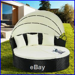 Outdoor Sofa Set Patio Rattan Furniture Round Retractable Wicker Daybed w Canopy