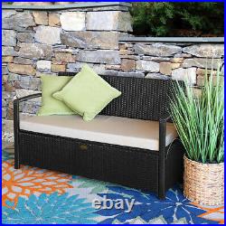 Outdoor Storage Bench Wicker Deck Box Pool Organizer Patio LoveSeat with Cushion