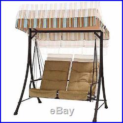 Outdoor Swing With Canopy Cover And Pullout Ottomans Tan Porch Patio 2 Person