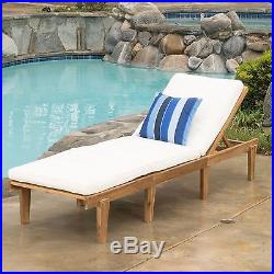 Outdoor Teak Brown Wood Chaise Lounge with Cushion