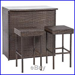 Outdoor Wicker Bar Chair Set 3PC Patio Furniture Glass Bar and Two Stools