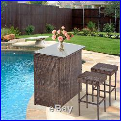 Outdoor Wicker Bar Chair Set 3PC Patio Furniture Glass Bar and Two Stools