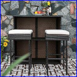 Outdoor Wicker Bar Chair Set withCushions 3PC Patio Furniture Glass Bar&Two Stools