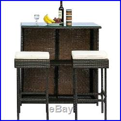 Outdoor Wicker Bar Chair Set withCushions 3PC Patio Furniture Glass Bar&Two Stools
