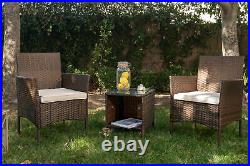 Outdoor Wicker Chair 3PCS Set Rattan Patio Furniture Table with Seat Cushions
