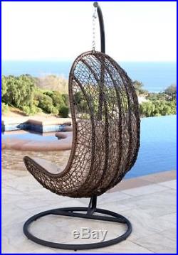Outdoor Wicker Hanging Chair Egg Shaped Swing Cushioned Patio Pool Deck Porch