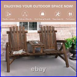 Outdoor Wood Adirondack Bench Chair with Center Table Patio Garden Loveseat
