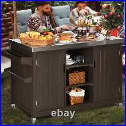 Outdoor Wood Kitchen Island 59.6'' x 23.6'' BBQ Grill Cart Table Storage Cabinet